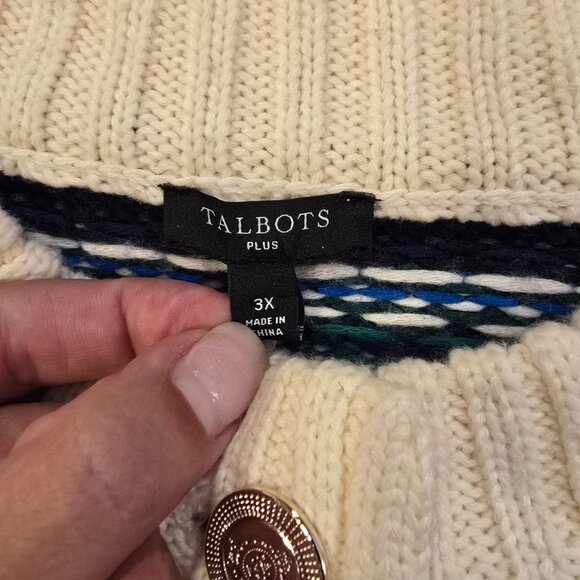 Talbots Plus Cardigan 3X 3XL Sweater Button Down Gold Metallic Green Blue Cream - Picture 5 of 15